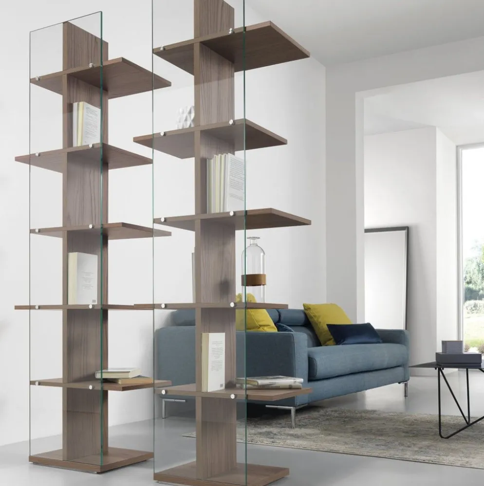 Libreria a colonna in vetro e legno Laddy