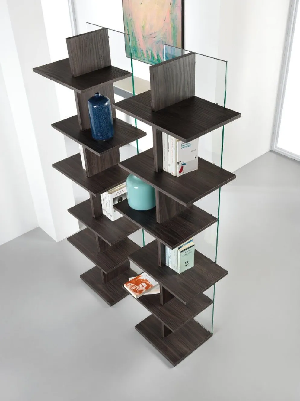 Libreria a colonna in vetro e legno Laddy
